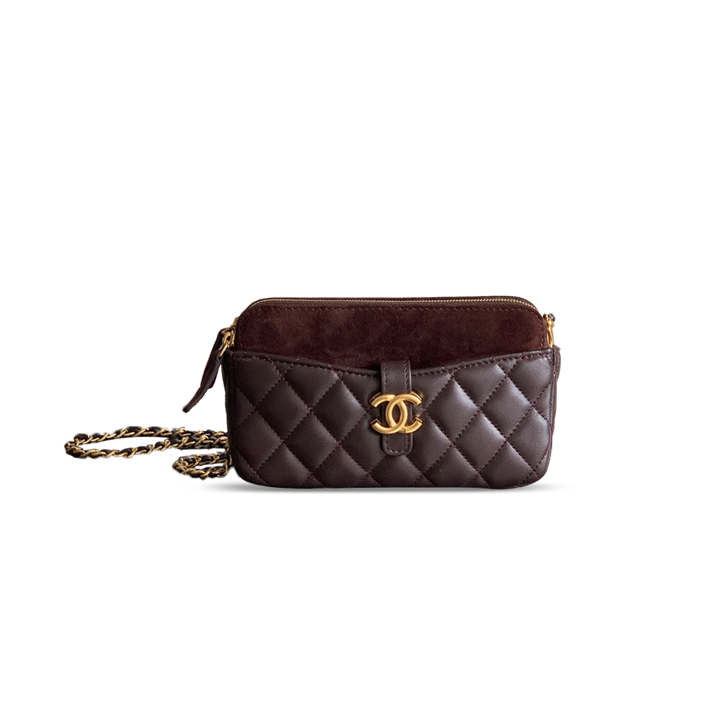 CHANEL ZIPPED PHONE HOLDER WITH CHAIN SUEDE CALFSKIN, SHINY LAMBSKIN AP4743 B20681 (17.5*10*3cm)